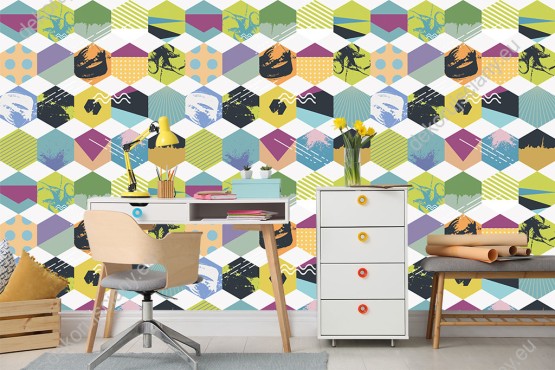 Wizualizacja tapety do pokoju dziecięcego, młodzieżowego, sypialni w kolorowe sześciokąty z motywami geometrycznymi.