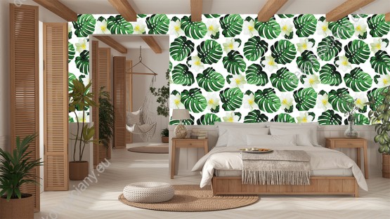 Wizualizacja tapety do pokoju dziennego, sypialni, salonu, przedpokoju, biura z motywem tropikalnym. Tapeta przedstawia zielone liście egzotycznych roślin i kwiaty jaśminu, na białym tle.