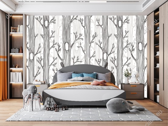 Wizualizacja tapety do pokoju dziennego, dziecięcego, młodzieżowego, sypialni, salonu, przedpokoju w stylu skandynawskim ze wzorem rosnących drzew.