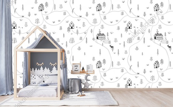 Wizualizacja tapety na ścianę do pokoju dziecięcego w stylu skandynawskim. Czarno-biały wzór tapety przedstawia wioskę, las i drogę łączącą poszczególne miejsca.