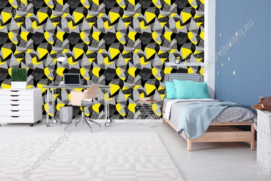 Wizualizacja tapety do pokoju dziennego, młodzieżowego, sypialni, salonu, przedpokoju, biura w czarno-żółte figury geometryczne w różne wzory.