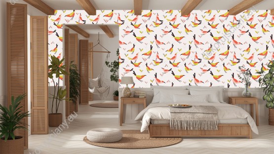 Wizualizacja tapety do pokoju dziecięcego, młodzieżowego, sypialni w różowo-żółte ptaki szukające ziarna, na jasnym tle.
