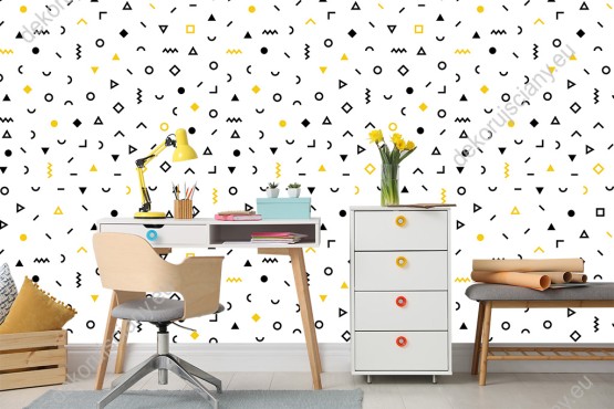 Wizualizacja tapety do pokoju dziennego, dziecięcego, młodzieżowego, sypialni, salonu, przedpokoju, biura w żółte i czarne abstrakcyjne wzory geometryczne, na białym tle.