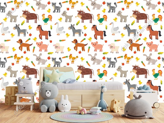 Wizualizacja tapety na ścianę do pokoju dziecięcego z różnymi zwierzętami z przydomowej farmy, na białym tle.