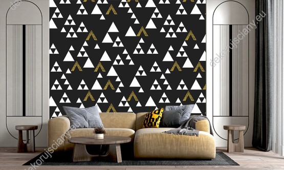 Wizualizacja tapety do pokoju dziennego, młodzieżowego, sypialni, salonu, przedpokoju, biura w białe i złote trójkąty, na czarnym tle.