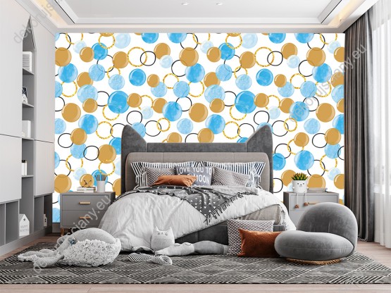 Wizualizacja tapety do pokoju dziecięcego, młodzieżowego, sypialni w złote i niebieskie kule przypominające bąbelki, na białym tle.