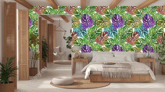 Wizualizacja tapety do pokoju dziennego, młodzieżowego, sypialni, salonu, przedpokoju, biura z motywem tropikalnym. Tapeta przedstawia zielone, fioletowe i czerwone liście egzotycznych roślin, na białym tle.