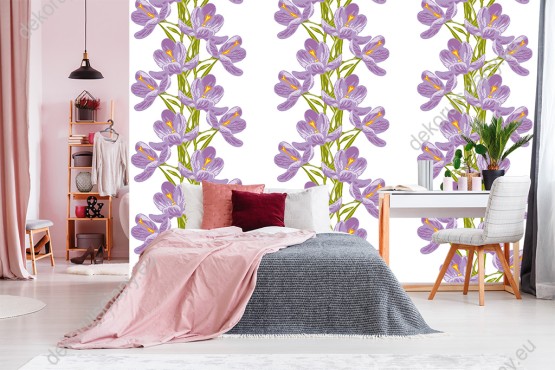 Wizualizacja tapety do pokoju dziennego, sypialni, salonu, przedpokoju, biura w fioletowe kwiaty splecione zielonymi, wznoszącymi się w górę łodygami, na białym tle.