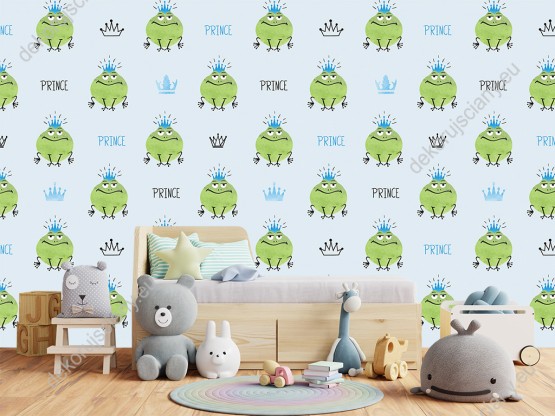 Wizualizacja tapety na ścianę do pokoju dziecięcego z księciem zaklętym w zieloną żabę, w koronie, na niebieskim tle.