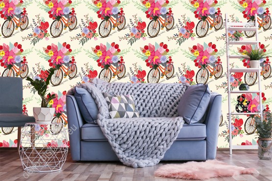 Wizualizacja tapety do pokoju dziennego, sypialni, salonu, przedpokoju. Tapeta przedstawia bukiet kolorowych kwiatów w rowerowym koszyczku, na kremowym tle.