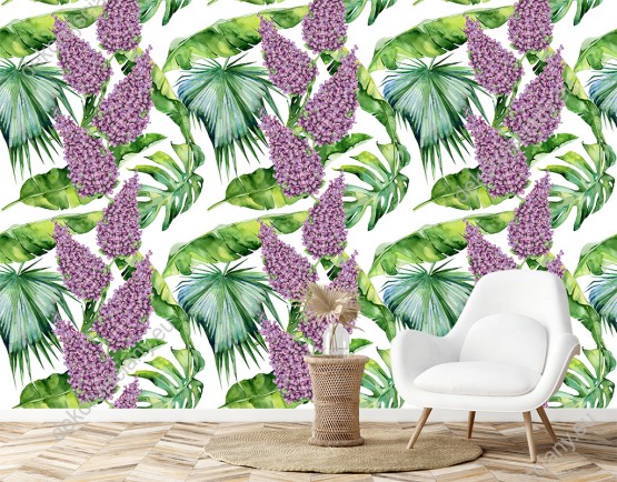 Wizualizacja tapety do pokoju dziennego, sypialni, salonu, przedpokoju, biura z tropikalnym motywem. Tapeta przedstawia zielone egzotyczne liście i kwiaty bzu, na białym tle.