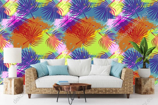Wizualizacja tapety do pokoju dziennego, młodzieżowego, sypialni, salonu, przedpokoju, biura. Tapeta prezentuje mozaikę kolorowych plam a na nich fioletowe i czerwone gałązki palm.