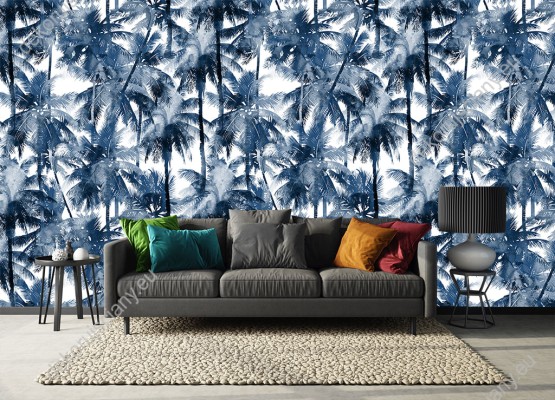 Wizualizacja tapety do pokoju dziennego, sypialni, salonu, przedpokoju, biura z motywem tropikalnym. Tapeta przedstawia ciemnoniebieskie palmy, na białym tle.