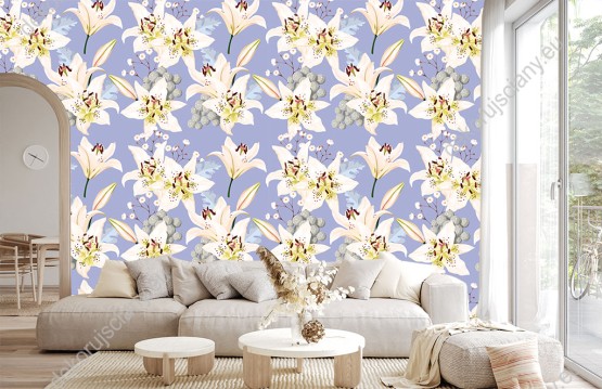 Wizualizacja tapety do pokoju dziennego, sypialni, salonu, przedpokoju, biura w wiosenne kwiaty, białe lilie, na fioletowym tle.