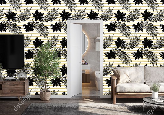 Wizualizacja tapety do pokoju dziennego, młodzieżowego, sypialni, salonu, przedpokoju, biura z tropikalnym motywem. Tapeta przedstawia czarne liście egzotycznych roślin, na tle żółto-białych pasów.