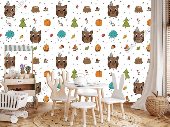 Wizualizacja tapety na ścianę do pokoju dziecięcego w brązowe, indiańskie sowy, jesienny las i jego dary.