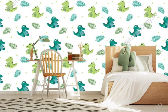 Wizualizacja tapety na ścianę do pokoju dziecięcego w słodkie, zielone krokodyle i wśród liści palm, białe tło.
