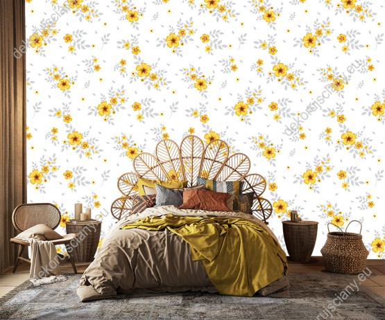 Wizualizacja tapety do pokoju dziennego, sypialni, salonu, przedpokoju, biura  w żółte, wiosenne kwiaty z szarymi liśćmi, na białym tle.