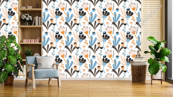 Wizualizacja tapety do pokoju dziennego, dziecięcego, młodzieżowego, sypialni, salonu, przedpokoju, biura z motywem roślinnym. Tapeta przedstawia różowo-pomarańczowe i niebiesko-granatowe kwiaty, na białym tle. 
