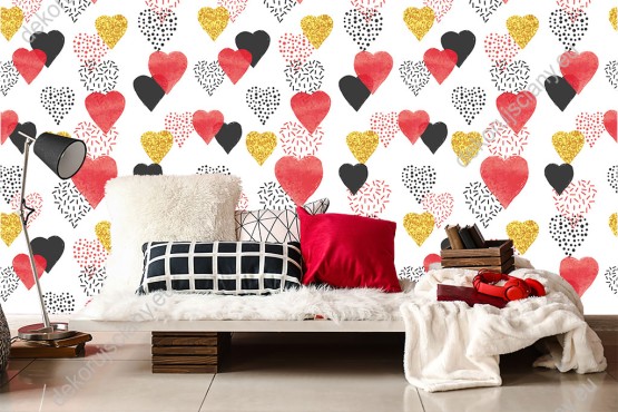 Wizualizacja tapety do pokoju dziecięcego, młodzieżowego, sypialni, biura  z motywem miłosnym. Wzór tapety w abstrakcyjne kolorowe serca różnej wielkości, na białym tle.