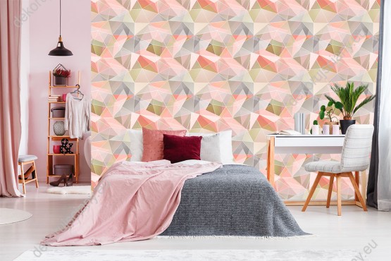 Wizualizacja tapety do pokoju dziennego, dziecięcego, młodzieżowego, sypialni, salonu, przedpokoju, biura w kolorową abstrakcję geometryczną. Na tapecie dominują kolory: pomarańczowy, różowy i szary.