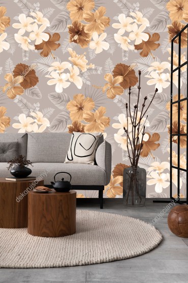 Wizualizacja tapety do pokoju dziennego, sypialni, salonu, przedpokoju, biura, przedstawia tropikalny ogród. Wzór tapety w piękne, brązowe kwiaty hibiskusa i liście, na szarym tle.