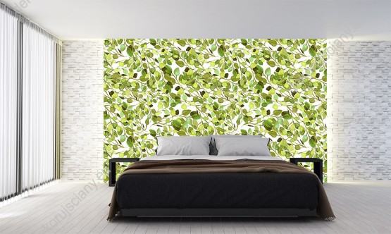 Wizualizacja tapety do pokoju dziennego, dziecięcego, młodzieżowego, sypialni, salonu, przedpokoju, biura w delikatne zielone liście eukaliptusa, na białym tle.