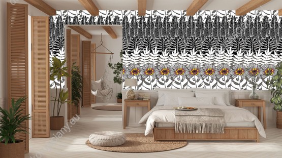 Wizualizacja tapety do pokoju dziennego, sypialni, salonu, przedpokoju, biura w nowoczesnym stylu . Czarno-białe kwiaty i liście ułożone rzędami, na białym tle.