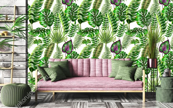Wizualizacja tapety do pokoju dziennego, sypialni, salonu, przedpokoju, biura  z motywem tropikalnym. Tapeta przedstawia zielone liście egzotycznych roślin, na białym tle.