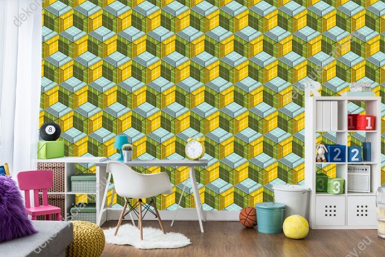 Wizualizacja tapety do pokoju dziennego, młodzieżowego, sypialni, salonu, przedpokoju, biura w geometryczne sześciany, dające efekt 3D. Na tapecie dominują kolory żółty i zielony.