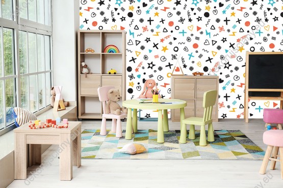 Wizualizacja tapety na ścianę do pokoju dziecięcego w nowoczesnym stylu, w różne kolorowe wzory, na białym tle.