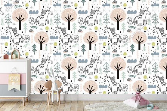 Wizualizacja tapety na ścianę do pokoju dziecięcego z jednorożcami, jeżami i roślinami, w kolorach pastelowych, na białym tle.
