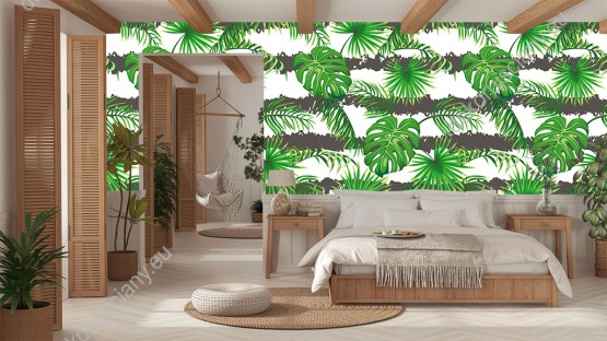 Wizualizacja tapety do pokoju dziennego, młodzieżowego, sypialni, salonu, przedpokoju, biura, zielone liście palm i szare pasy, na białym tle.