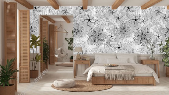 Wizualizacja tapety do pokoju dziennego, sypialni, salonu, przedpokoju, biura. Tapeta w designerskie, akwarelą malowane kwiaty, na szarym tle.