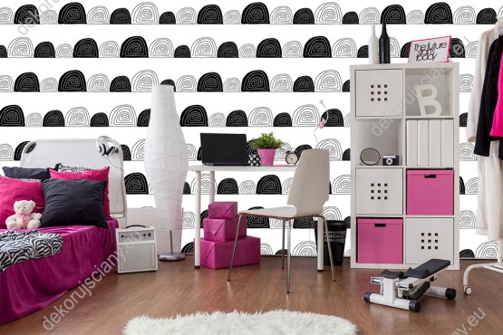 Wizualizacja tapety do pokoju dziecięcego, młodzieżowego, sypialni, biura w stylu skandynawskim. Wzór tapety przedstawia poukładane ślimaki w rzędzie w kolorze czarno-białym.