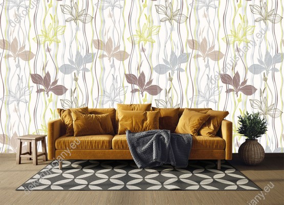 Wizualizacja tapety do pokoju dziennego, sypialni, salonu, przedpokoju, biura. Tapeta przedstawia brązowe, zielone i szare kwiaty oraz wiszące wstążki, na kremowym tle.