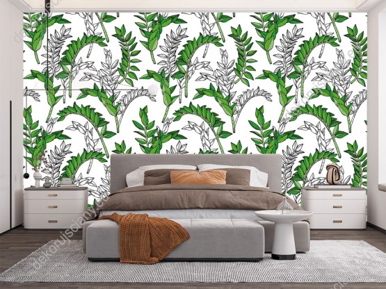 Wizualizacja tapety do pokoju dziennego, młodzieżowego, sypialni, salonu, przedpokoju, biura, w zielone i białe liście, na białym tle.