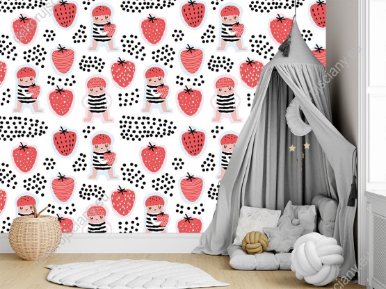 Wizualizacja tapety na ścianę do pokoju dziecięcego z dziećmi kochającymi jeść czerwone truskawki.