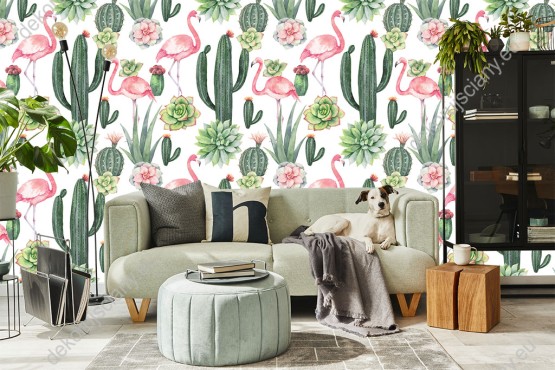 Wizualizacja tapety do pokoju dziecięcego i młodzieżowego, pokoju dziennego, sypialni, salonu, przedpokoju, biura. Różowe flamingi i zielone, kwitnące kaktusy, na białym tle.