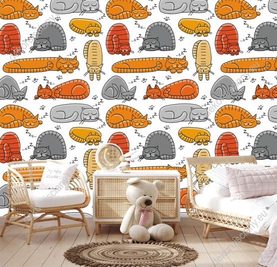 Wizualizacja tapety na ścianę do pokoju dziecięcego, w pomarańczowe i szare, śpiące koty, na białym tle.