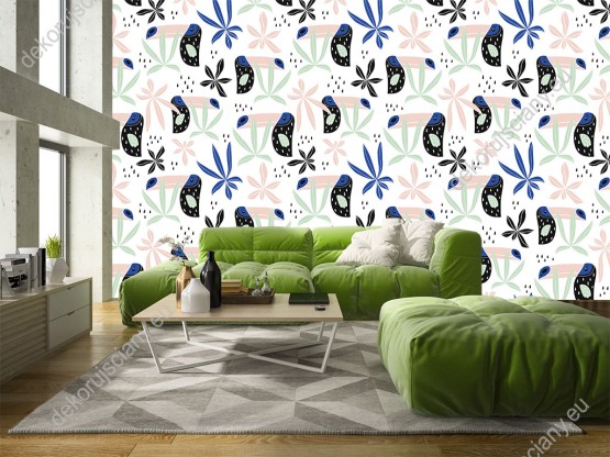 Wizualizacja tapety na ścianę do pokoju dziecięcego z ptakami. Tapeta przedstawia tukany i rośliny w kolorach: zielonym, czarnym, niebieskim i kremowym, na białym tle.