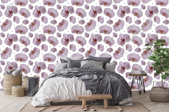 Wizualizacja tapety do sypialni, salonu, przedpokoju, gabinetu, piękny wzór z  kwiatami. Fioletowe storczyki i opadające płatki, na białym tle.