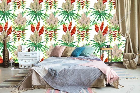 Wizualizacja tapety do sypialni, salonu, przedpokoju, gabinetu z czerwonymi i beżowymi kwiatami, oraz zielonymi liśćmi roślin tropikalnych, na białym tle.