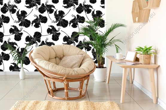 Wizualizacja tapety do sypialni, salonu, przedpokoju, gabinetu, biura. Designerska tapeta w czarne kwiaty hibiskusa, na białym tle.