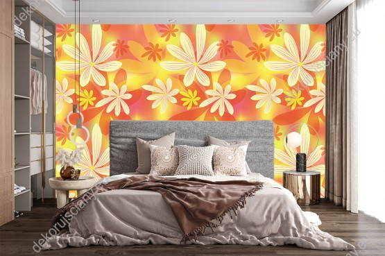 Wizualizacja tapety do sypialni, salonu, przedpokoju, kwiaty i liście na kolorowym tle, w jesiennych żółto-pomarańczowych barwach.