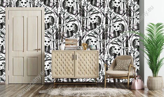 Wizualizacja tapety do pokoju dziennego, dziecięcego, młodzieżowego, sypialni, salonu, przedpokoju, biura, w czarno-białe pandy i bambusowy las.