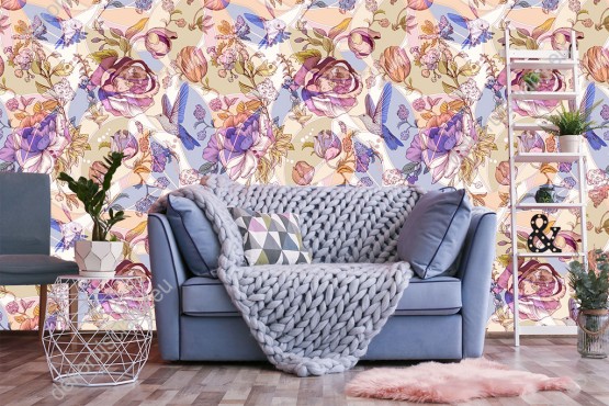 Wizualizacja tapety do pokoju dziennego, sypialni, salonu, przedpokoju, biura, mozaika w piękne kolibry latające, wśród kolorowych kwiatów.