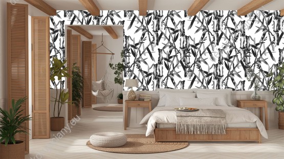 Wizualizacja tapety do pokoju dziennego, młodzieżowego, sypialni, salonu, przedpokoju, biura, w czarno-białe pędy bambusa.