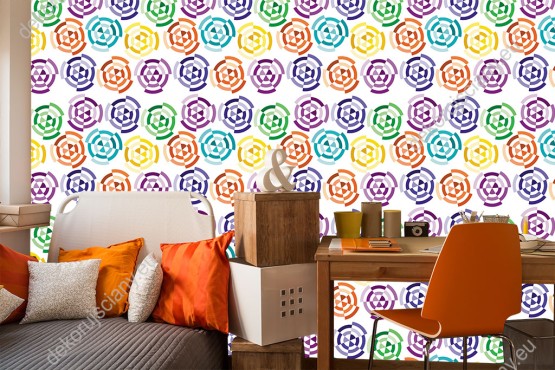 Wizualizacja tapety na ścianę do pokoju dziecięcego. Żółte, pomarańczowe, niebieskie, zielone i fioletowe koła z białym tłem.