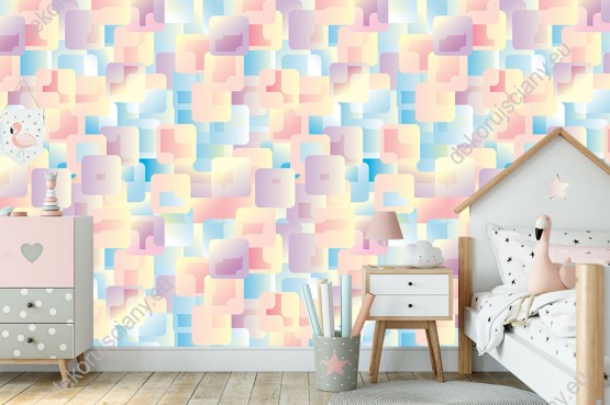 Wizualizacja tapety na ścianę do pokoju dziecięcego. Figury geometryczne w kolorach tęczy.